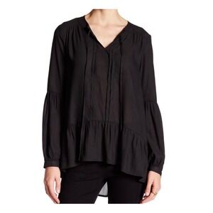 RO & DE Womens Black High Low Peasant Blouse Puff Sleeve Tie Neck Top small